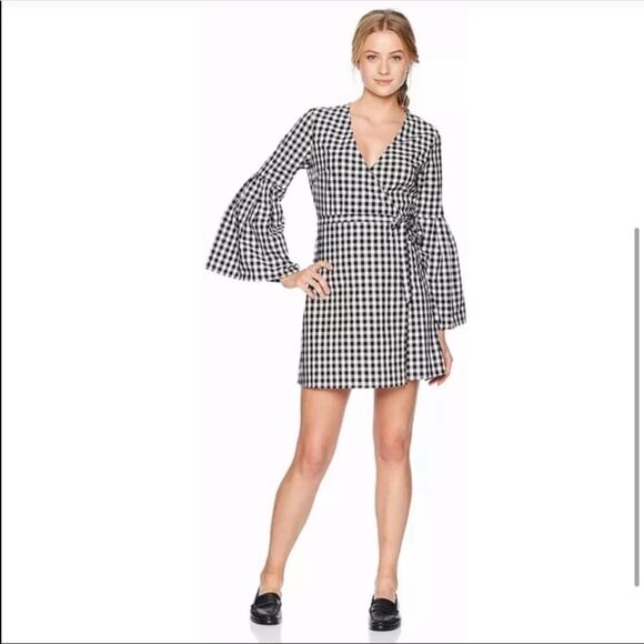 Jack by BB DAKOTA Alter Ego Bell Black White Gingham Check Wrap Mini Dress Med - Picture 1 of 8
